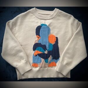 Cream Graphic Knit Sweater with Blue & Orange Abstract Design